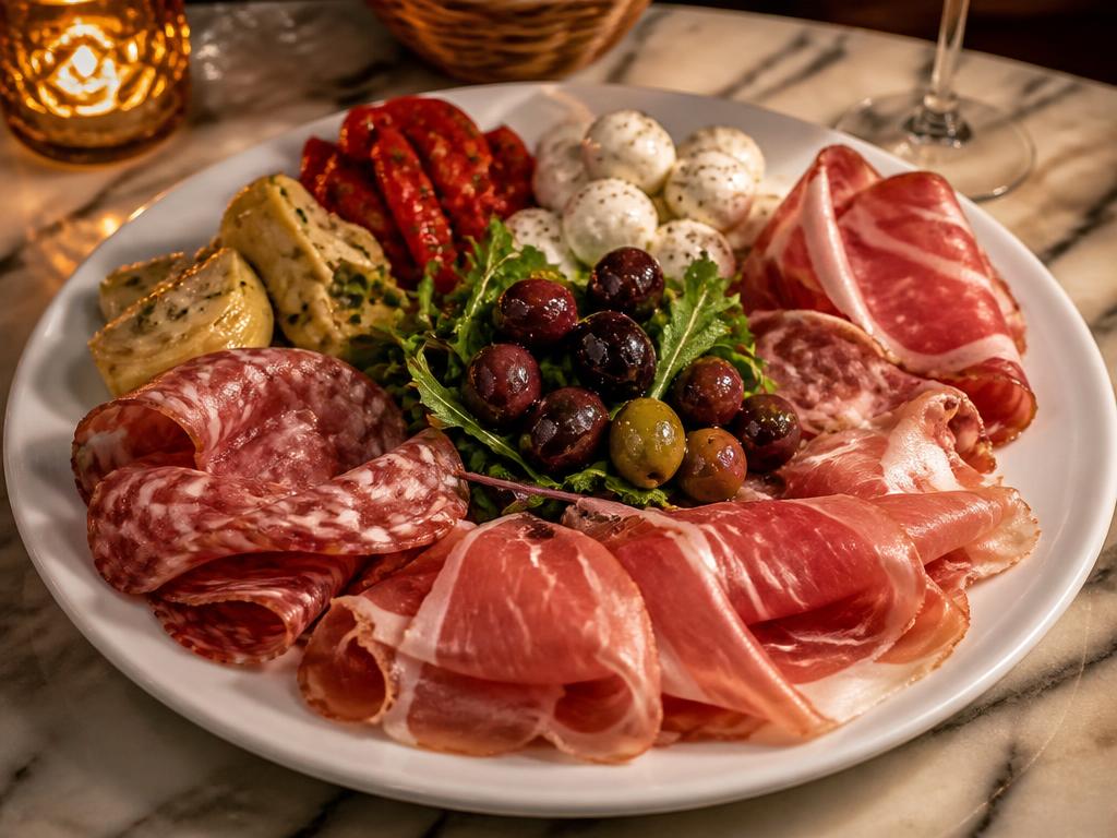 Classic Italian antipasto salad plate with cured meats, olives, and greens