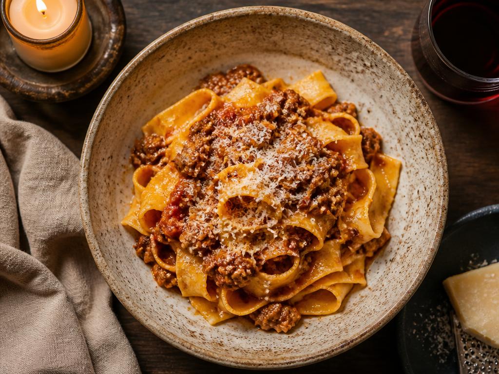 Hand-rolled fresh pasta with rich ragù in a rustic ceramic bowl
