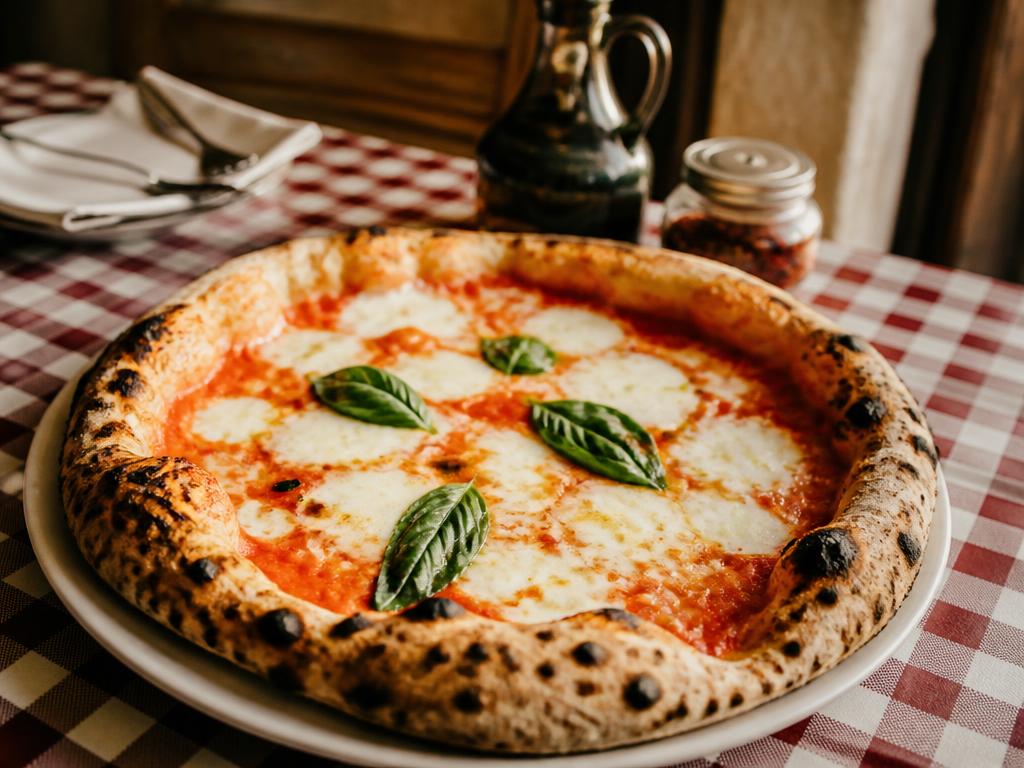 Wood-fired margherita pizza with blistered crust and fresh basil
